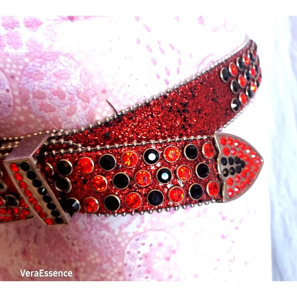 DNA PREMIUM WEAR WESTERN BELT RED BLACK RHINESTONE SILVER & GLITTER ACCENTS 43